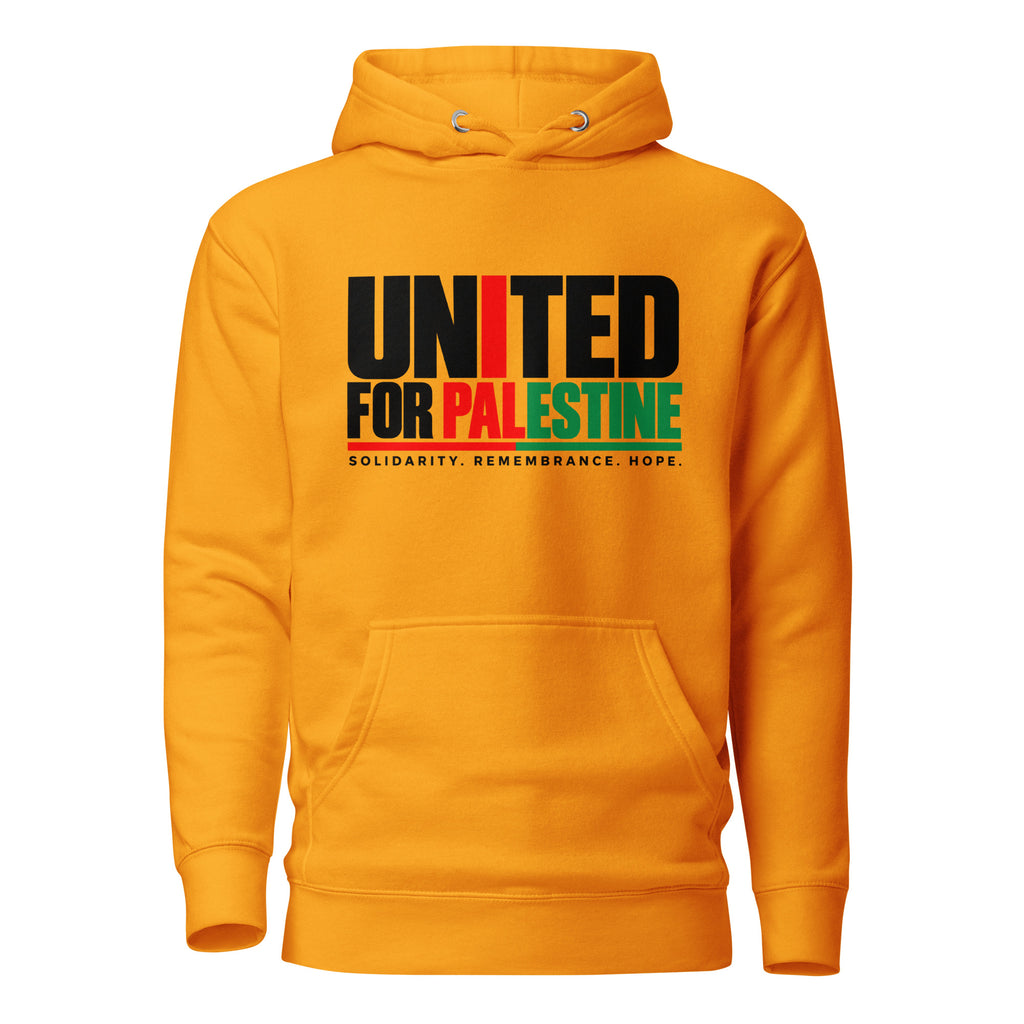 Muslim By Nature™ FREE PALESTINE United For Palestine hoodie in Team Gold, United For Palestine statement print – front view