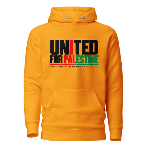 Muslim By Nature™ FREE PALESTINE United For Palestine hoodie in Team Gold, United For Palestine statement print – front view