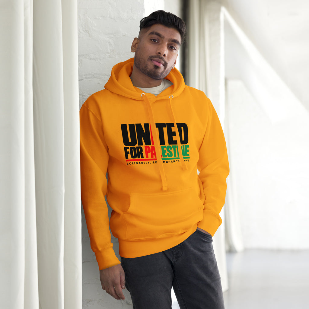 Muslim By Nature™ FREE PALESTINE United For Palestine hoodie in Team Gold, United For Palestine statement print – front view
