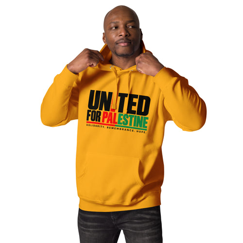 Muslim By Nature™ FREE PALESTINE United For Palestine hoodie in Team Gold, United For Palestine statement print – front view