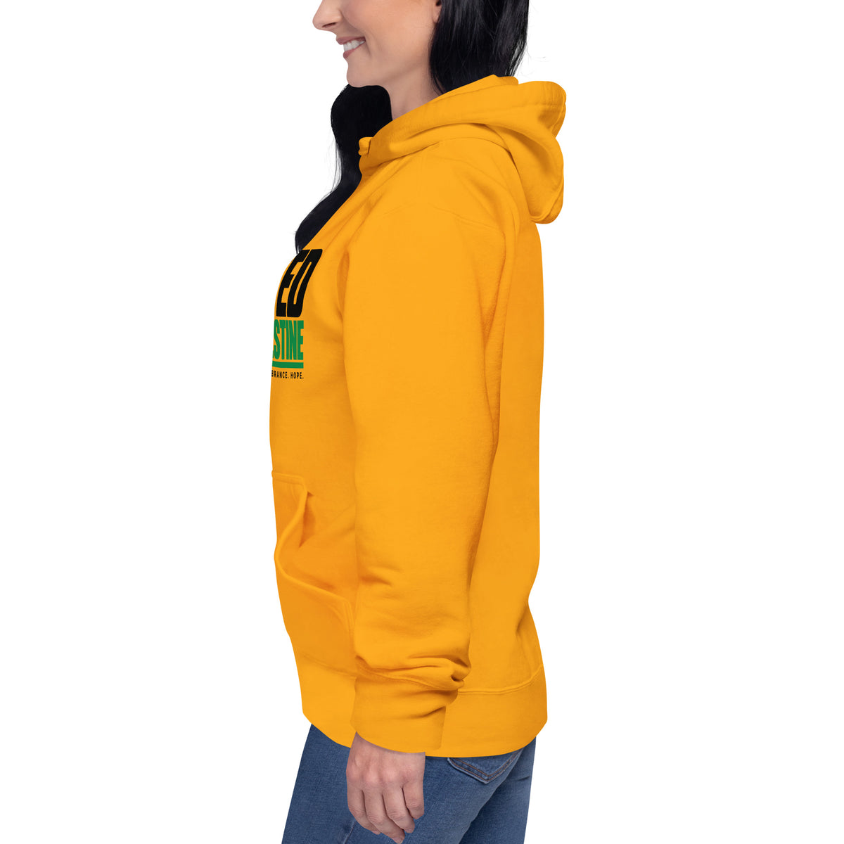 Muslim By Nature™ FREE PALESTINE United For Palestine hoodie in Team Gold, United For Palestine statement print – left side