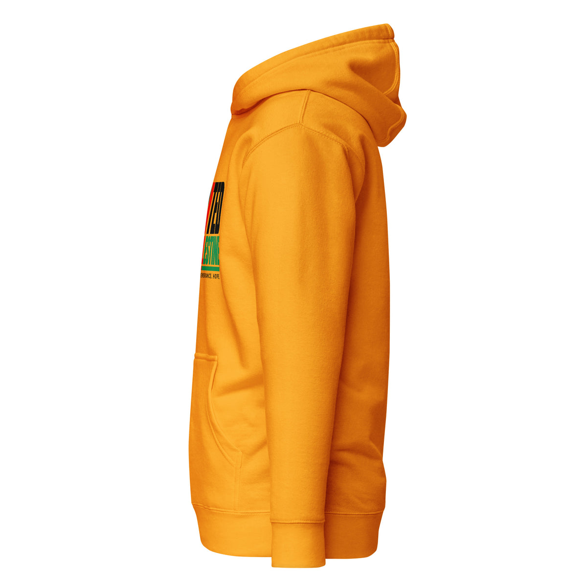Muslim By Nature™ FREE PALESTINE United For Palestine hoodie in Team Gold, United For Palestine statement print – left side