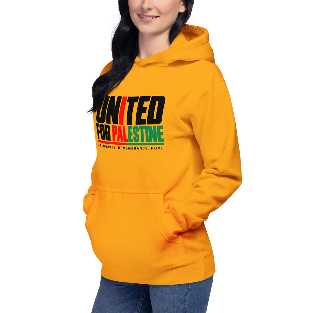 Muslim By Nature™ FREE PALESTINE United For Palestine hoodie in Team Gold, United For Palestine statement print – front, angled left