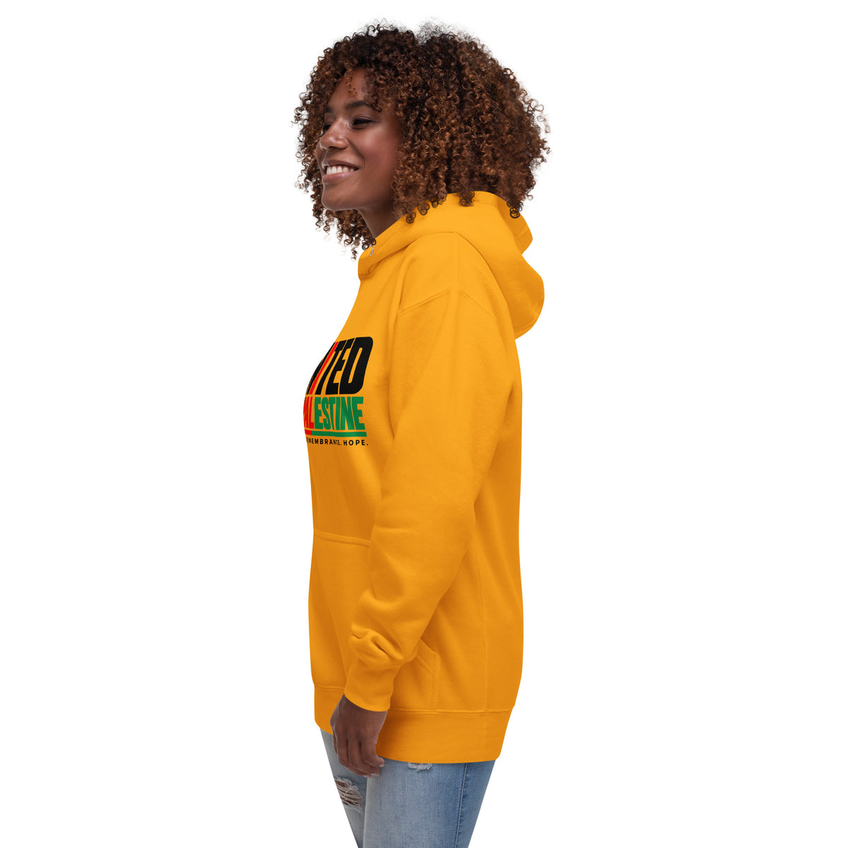 Muslim By Nature™ FREE PALESTINE United For Palestine hoodie in Team Gold, United For Palestine statement print – front, angled left