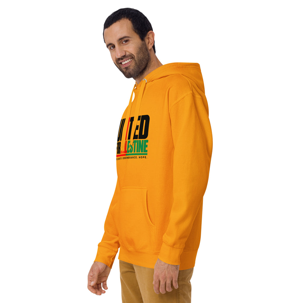 Muslim By Nature™ FREE PALESTINE United For Palestine hoodie in Team Gold, United For Palestine statement print – front, angled left