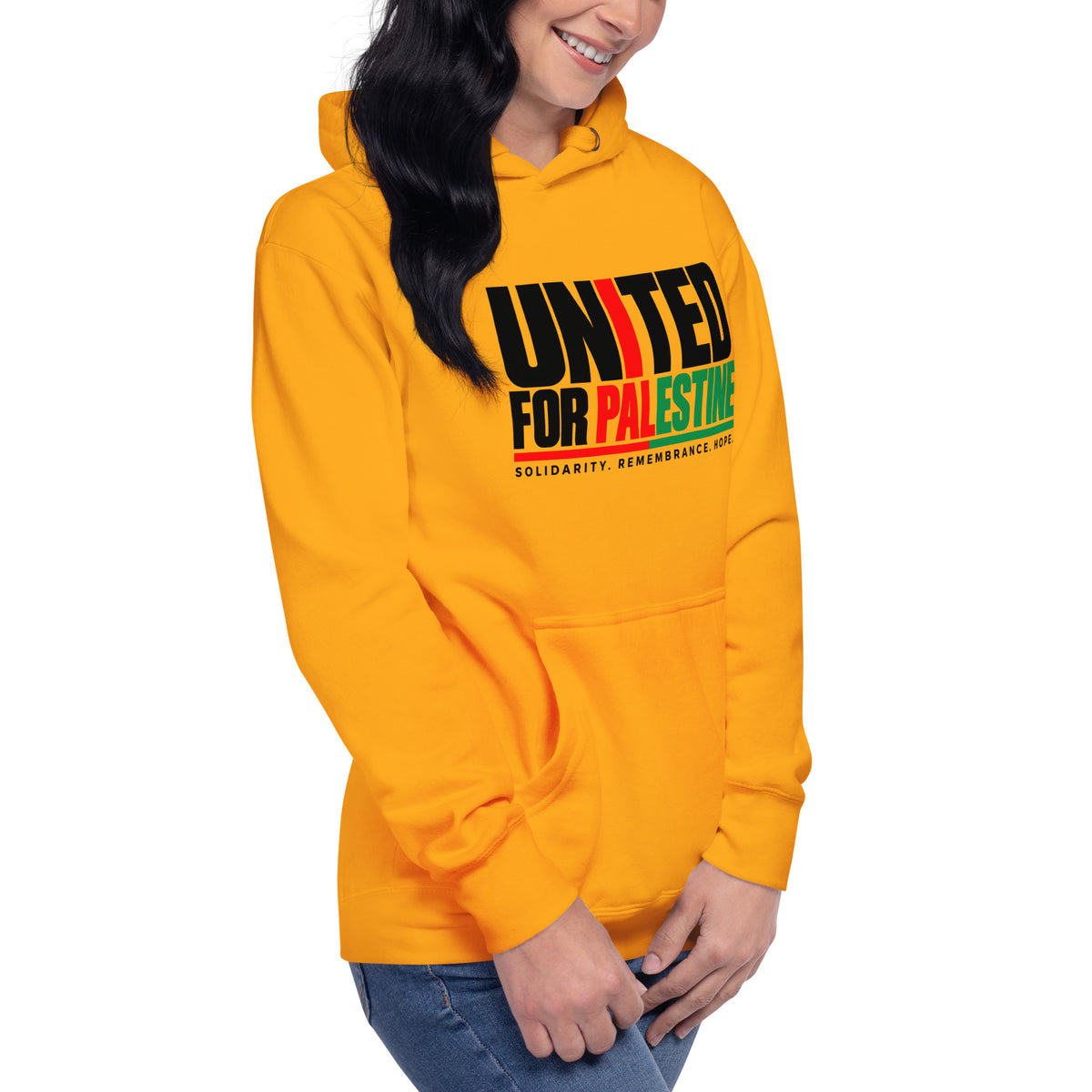 Muslim By Nature™ FREE PALESTINE United For Palestine hoodie in Team Gold, United For Palestine statement print – front, angled right