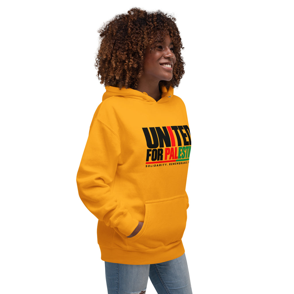 Muslim By Nature™ FREE PALESTINE United For Palestine hoodie in Team Gold, United For Palestine statement print – front, angled right