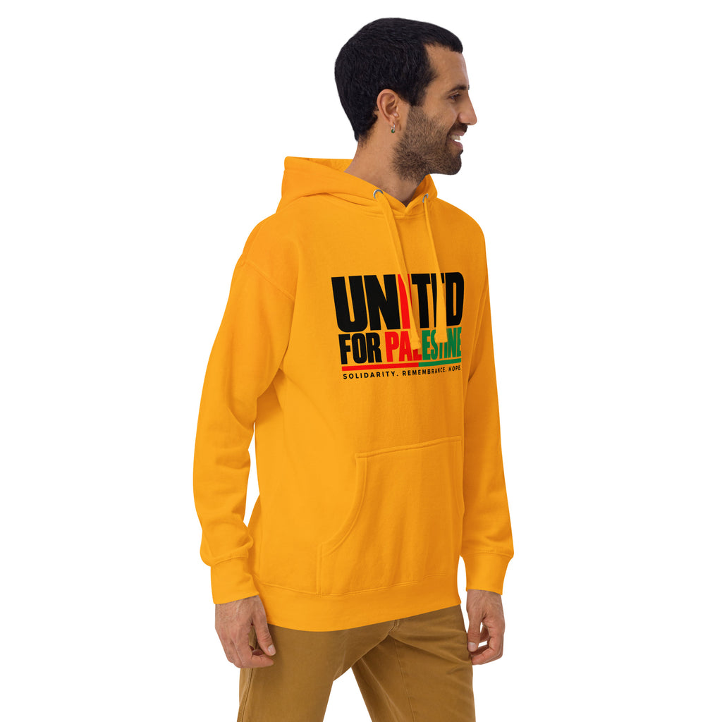 Muslim By Nature™ FREE PALESTINE United For Palestine hoodie in Team Gold, United For Palestine statement print – front, angled right