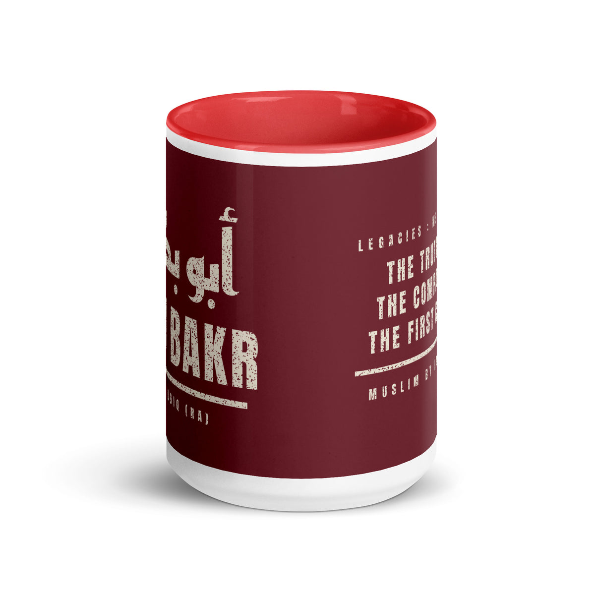 Muslim By Nature™ LEGACIES: MEN №01 Abu Bakr (RA) 15oz mug – maroon wrap with Kufic Arabic name and ABU BAKR in cream – front view