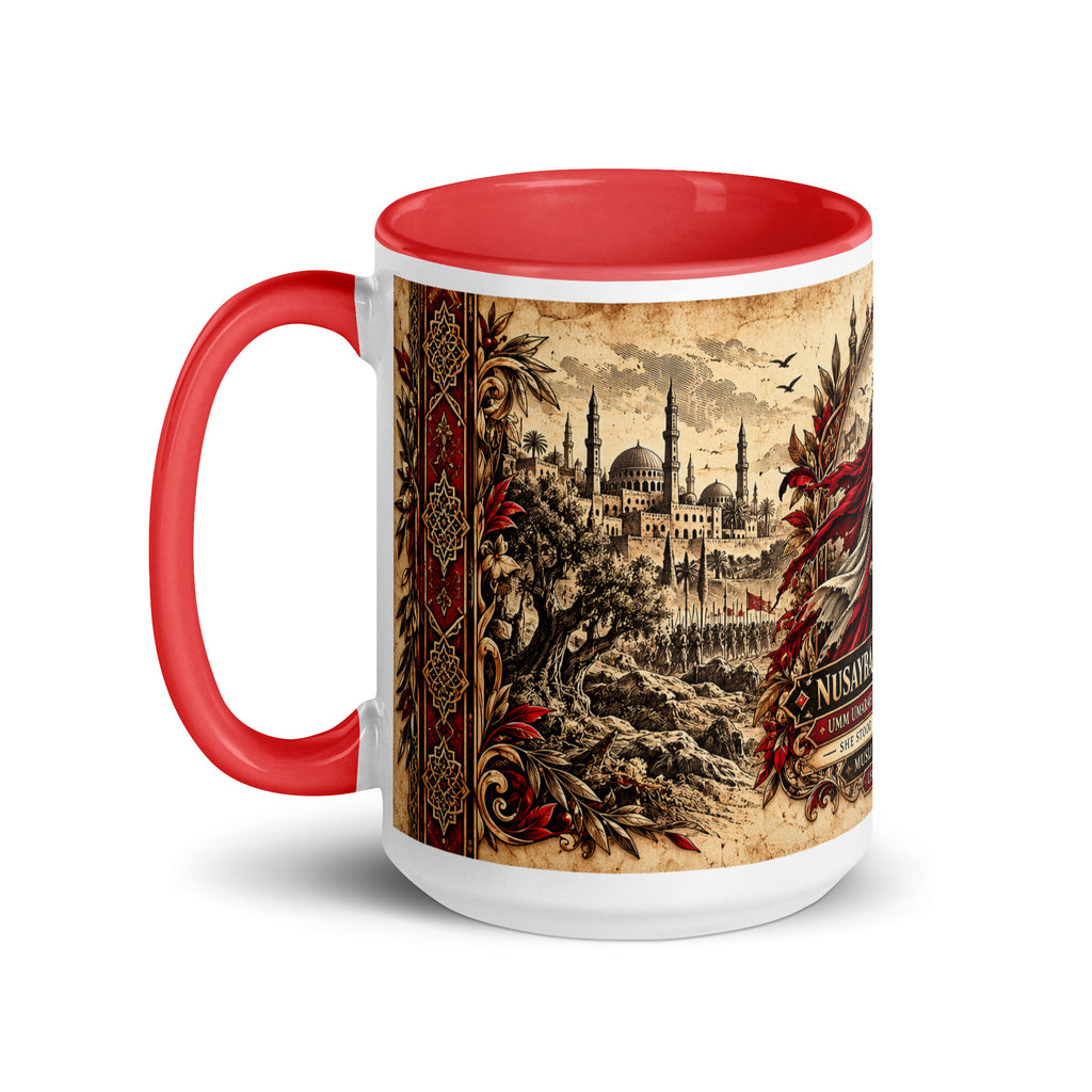 Muslim By Nature™ LEGACIES №03 Nusaybah (RA) 15oz white mug with red inside, bronze and oxblood vintage design – left view