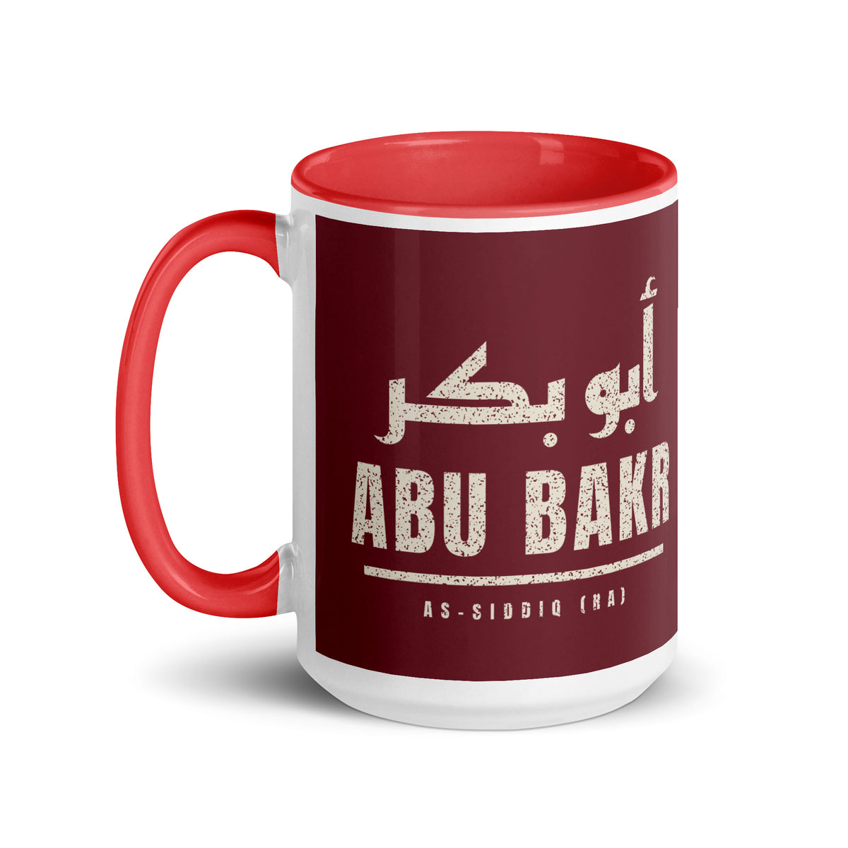 Muslim By Nature™ LEGACIES: MEN №01 Abu Bakr (RA) 15oz mug – maroon wrap with Kufic Arabic name and ABU BAKR in cream – handle on left