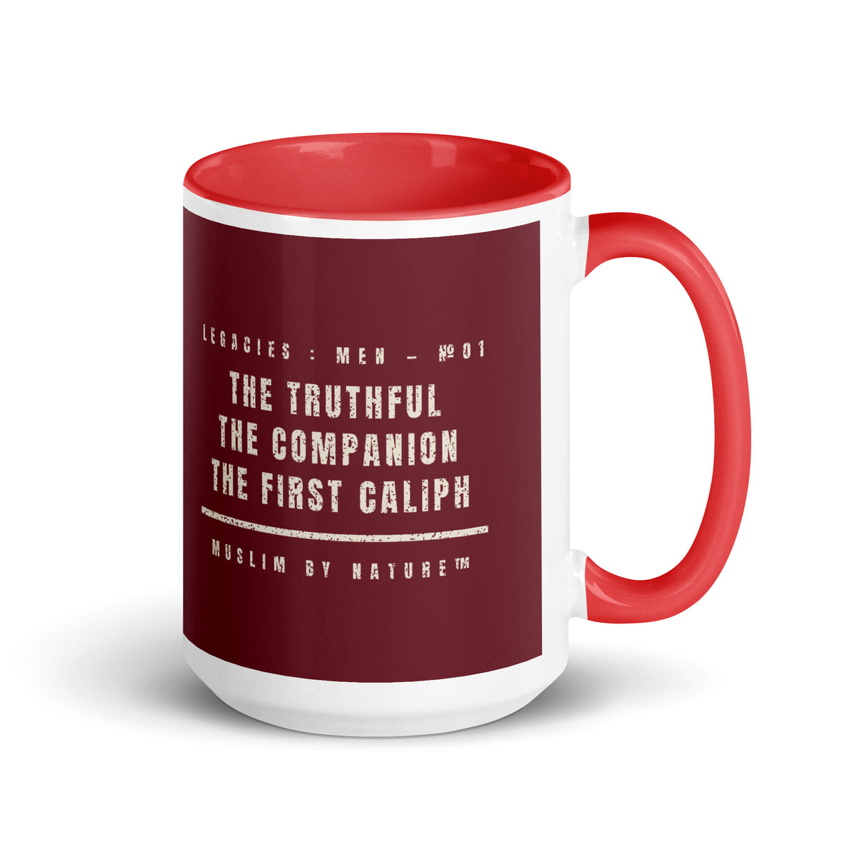 Muslim By Nature™ LEGACIES: MEN №01 Abu Bakr (RA) 15oz mug – maroon wrap with Kufic Arabic name and ABU BAKR in cream – handle on right