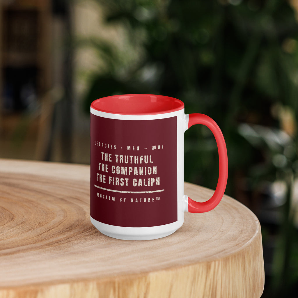 Muslim By Nature™ LEGACIES: MEN №01 Abu Bakr (RA) 15oz mug – maroon wrap with Kufic Arabic name and ABU BAKR in cream – handle on right